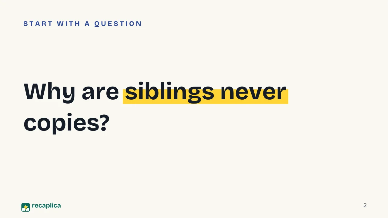 Slide 2 of the presentation on Mitosis vs Meiosis: Why are siblings never copies?