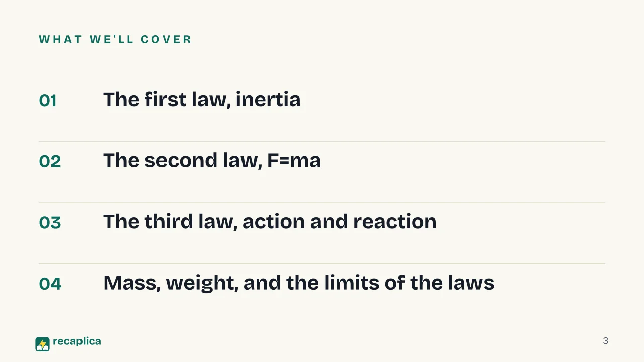 Slide 3 of the presentation on Newton's Three Laws of Motion: What we'll cover