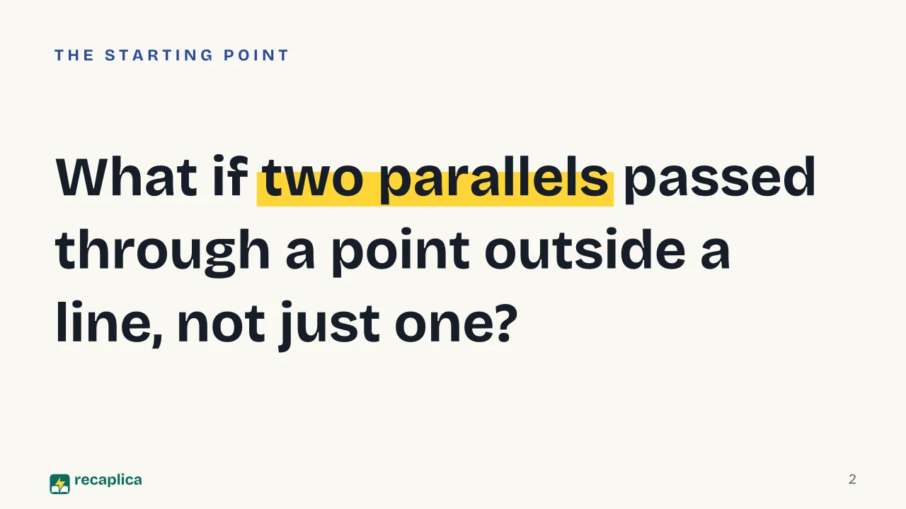 Slide 2 of the presentation on Non-Euclidean Geometry: What if two parallels passed through a point outside a line, not just one?