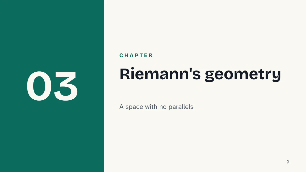 Slide 9 of the presentation on Non-Euclidean Geometry: Chapter 03: Riemann's geometry