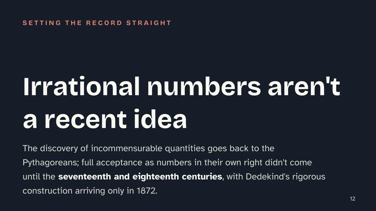 Slide 12 of the presentation on Number Sets: Irrational numbers aren't a recent idea