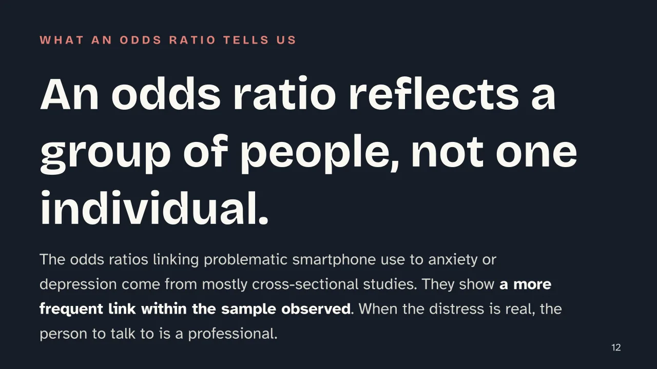Slide 12 of the presentation on Phone Addiction: An odds ratio reflects a group of people, not one individual.