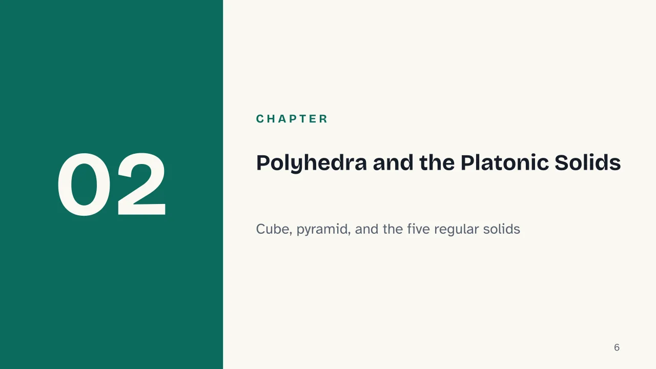 Slide 6 of the presentation on Solid Geometry: Chapter 02: Polyhedra and the Platonic Solids
