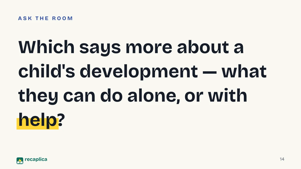 Slide 14 of the presentation on What Is Sociocultural Theory? Vygotsky's Explanation: Which says more about a child's development — what they can do alone, or with help?