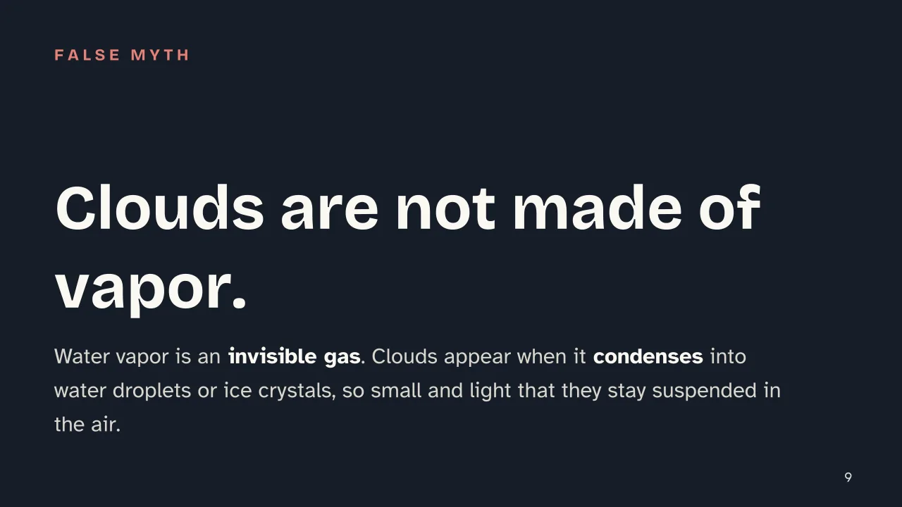 Slide 9 of the presentation on The Water Cycle: Clouds are not made of vapor.