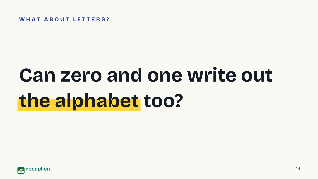 Slide 14 of the presentation on Binary Code: Can zero and one write out the alphabet too?