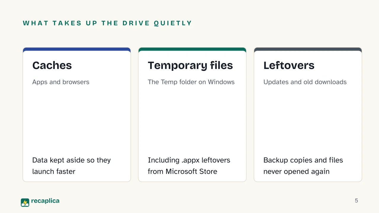 Slide 5 of the presentation on Clean Junk Files from PC and Mac: What takes up the drive quietly: Caches, Temporary files, Leftovers