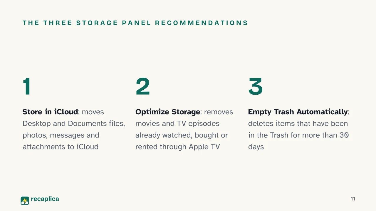 Slide 11 of the presentation on Clean Junk Files from PC and Mac: The three Storage panel recommendations