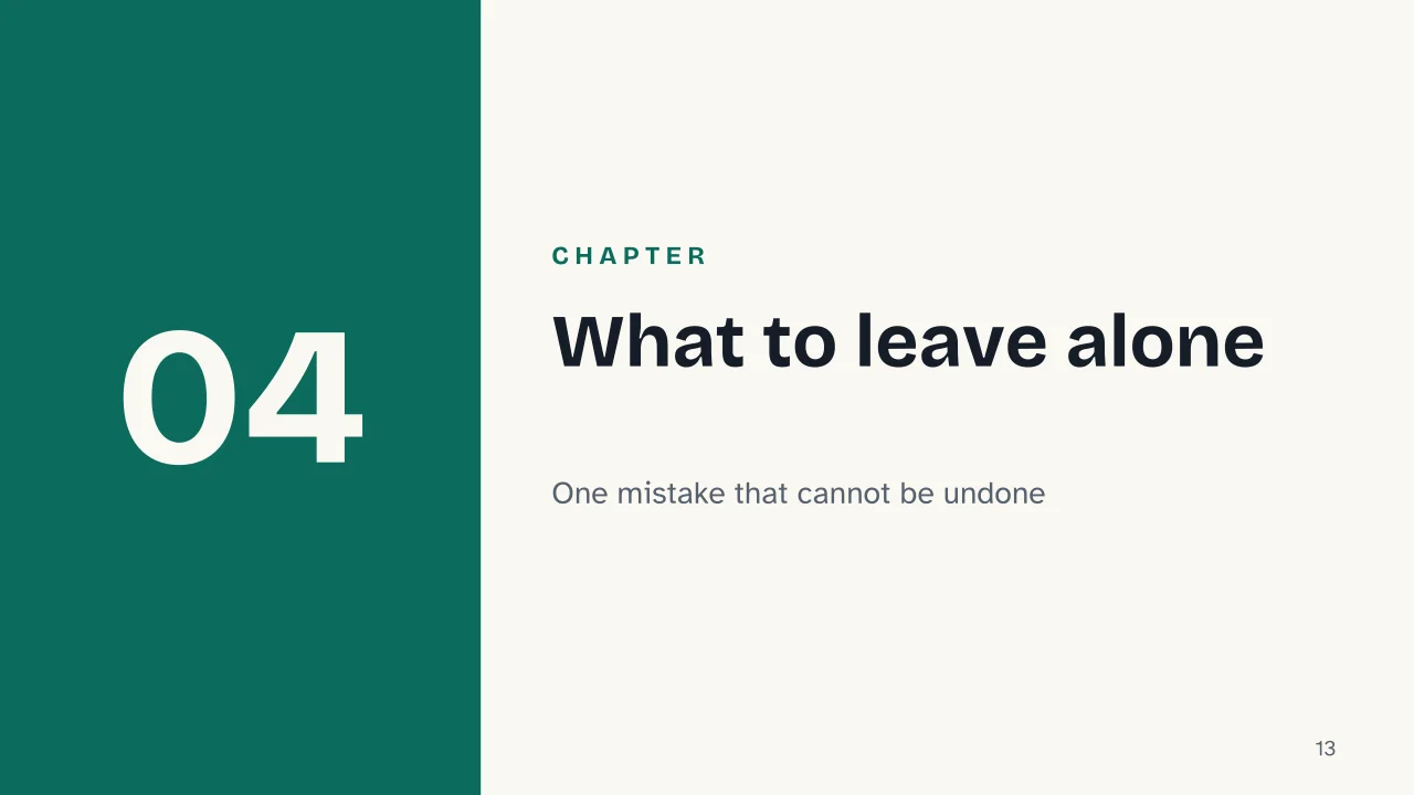 Slide 13 of the presentation on Clean Junk Files from PC and Mac: Chapter 04: What to leave alone