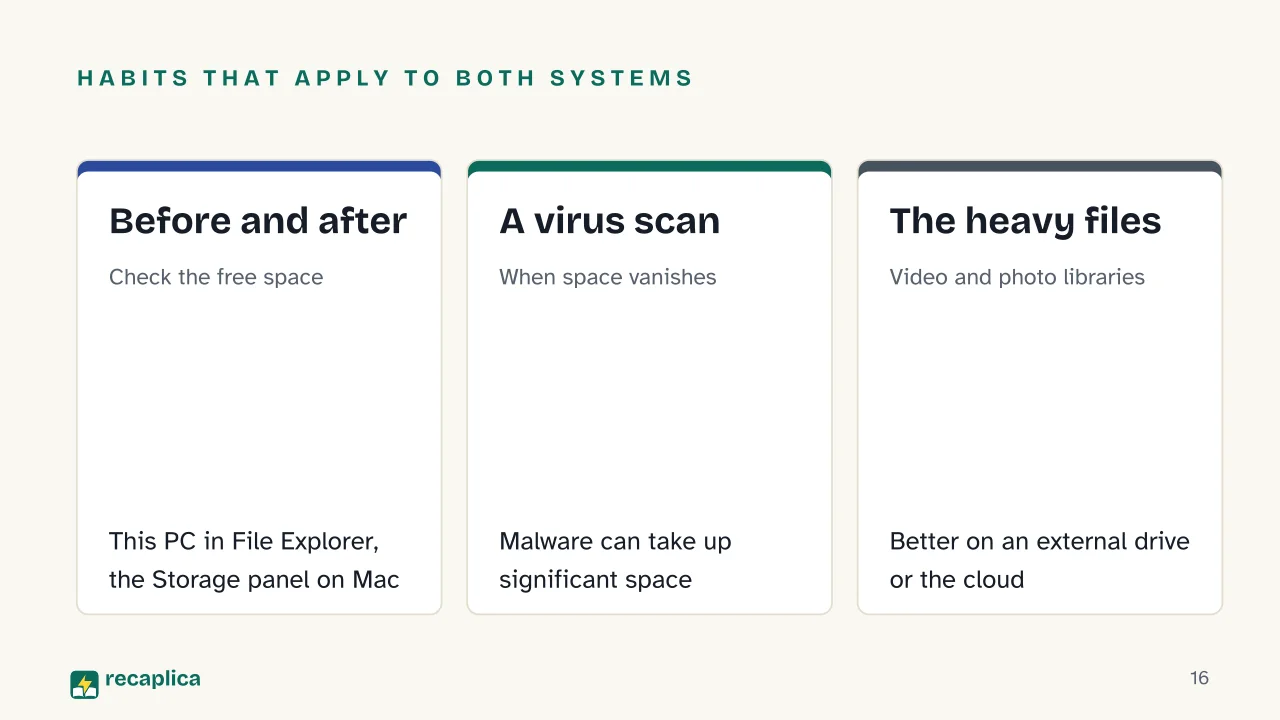Slide 16 of the presentation on Clean Junk Files from PC and Mac: Habits that apply to both systems: Before and after, A virus scan, The heavy files
