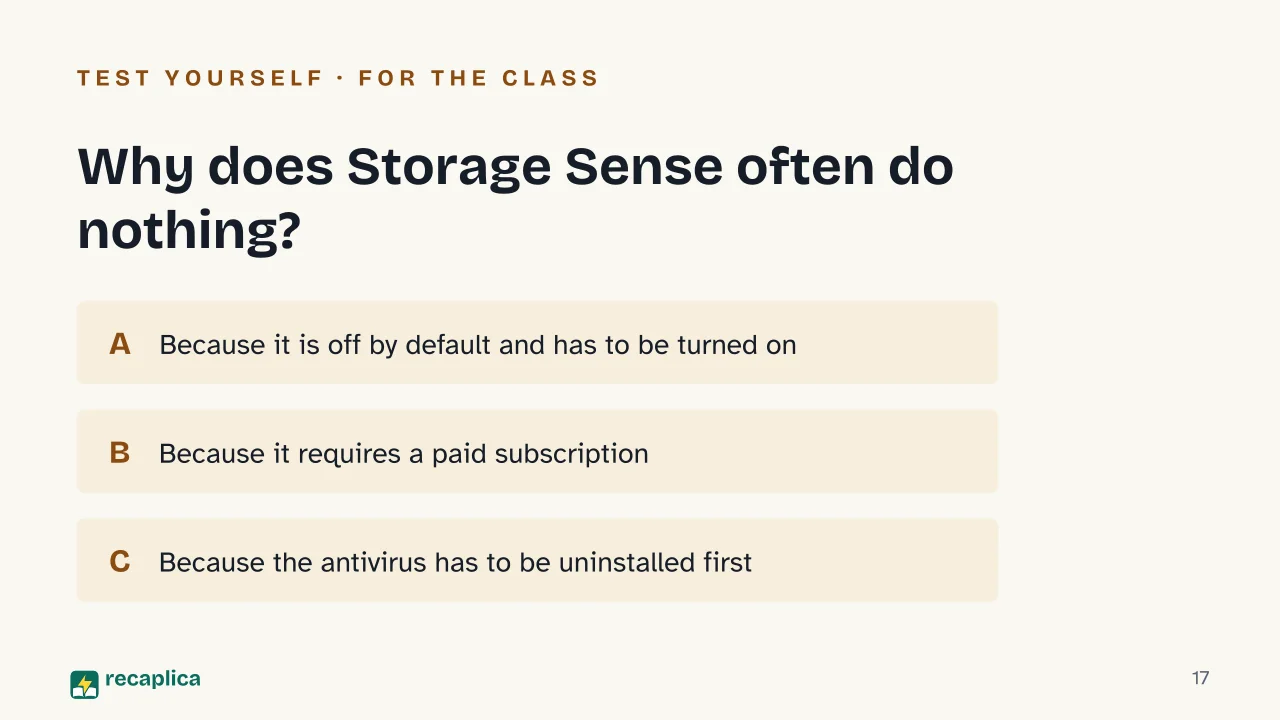 Slide 17 of the presentation on Clean Junk Files from PC and Mac: Why does Storage Sense often do nothing?