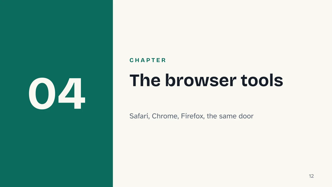 Slide 12 of the presentation on Developer Options: Chapter 04: The browser tools