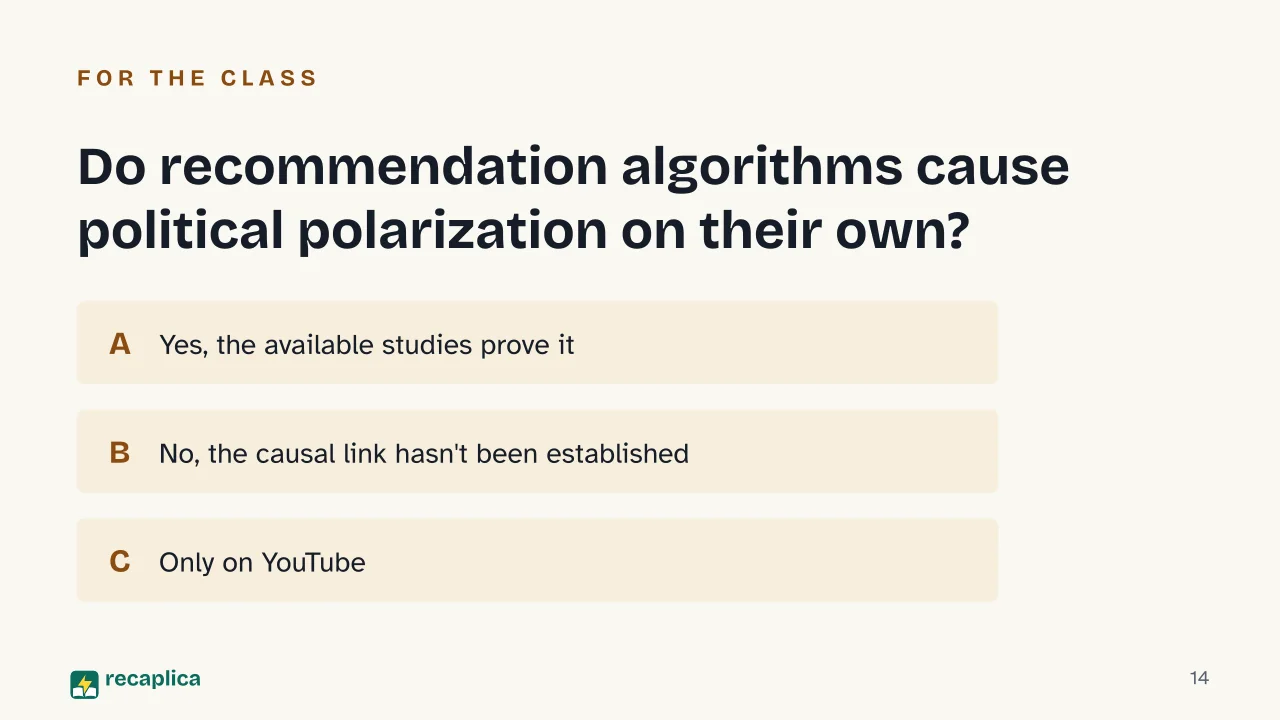 Slide 14 of the presentation on Echo Chamber: Do recommendation algorithms cause political polarization on their own?