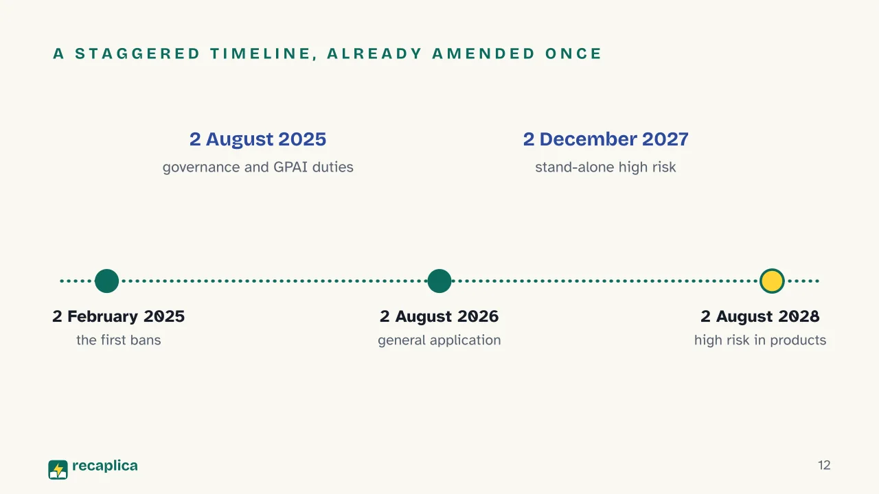 Slide 12 of the presentation on The EU AI Act: A staggered timeline, already amended once