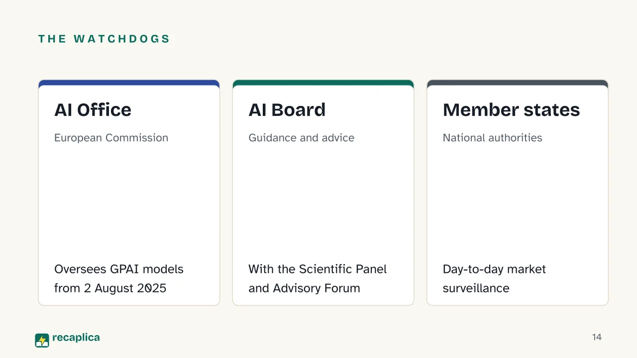 Slide 14 of the presentation on The EU AI Act: The watchdogs: AI Office, AI Board, Member states