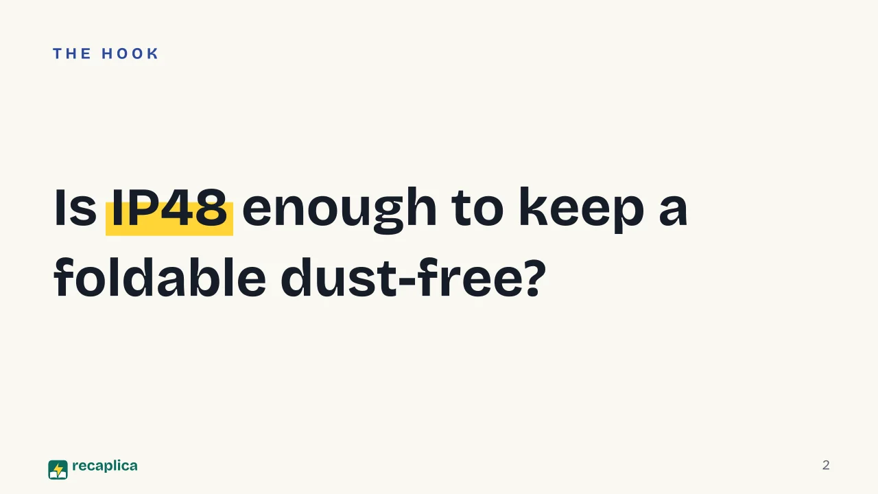 Slide 2 of the presentation on Foldable Smartphones: Is IP48 enough to keep a foldable dust-free?