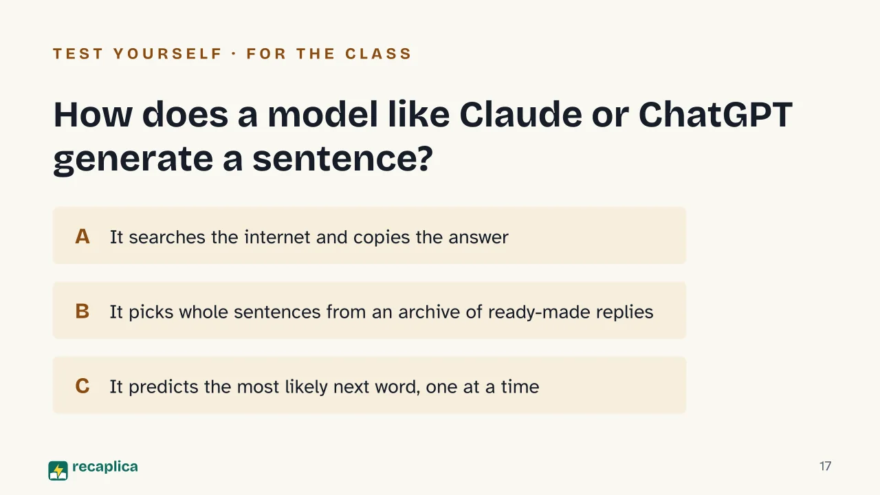 Slide 17 of the presentation on Generative AI: How does a model like Claude or ChatGPT generate a sentence?