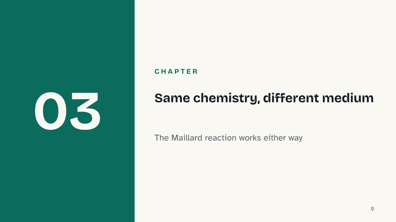 Slide 9 of the presentation on How air fryers work (and why they don't really fry anything): Chapter 03: Same chemistry, different medium