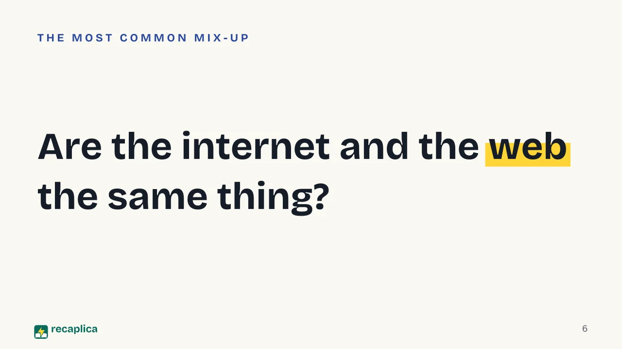 Slide 6 of the presentation on How the internet works: Are the internet and the web the same thing?