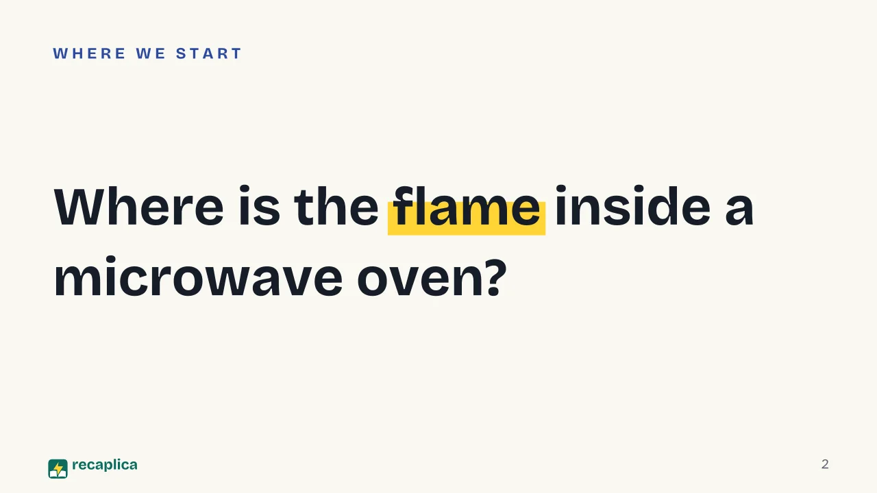 Slide 2 of the presentation on How microwave ovens work, and why they don't make food radioactive: Where is the flame inside a microwave oven?