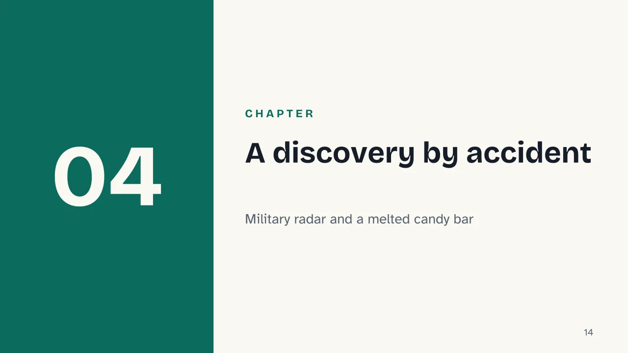 Slide 14 of the presentation on How microwave ovens work, and why they don't make food radioactive: Chapter 04: A discovery by accident