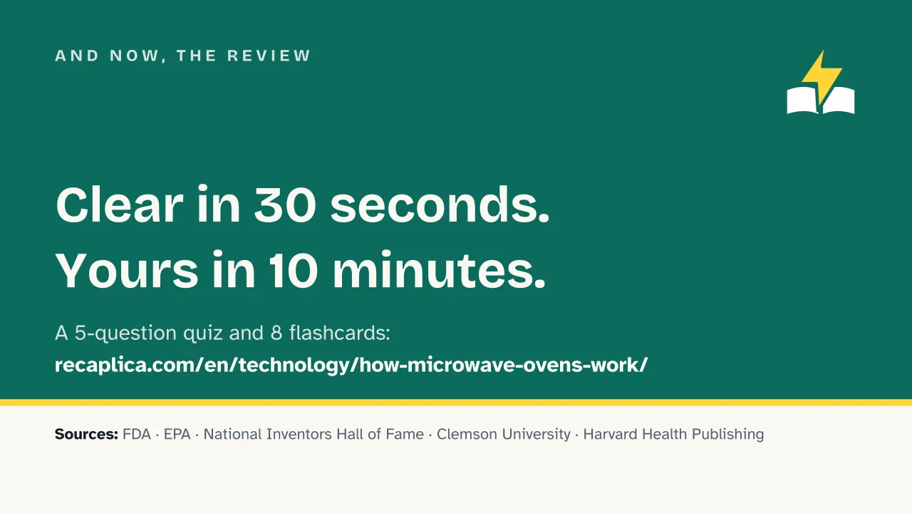 Slide 18 of the presentation on How microwave ovens work, and why they don't make food radioactive: And now, the review