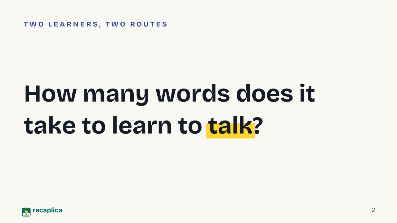 Slide 2 of the presentation on Human Cognition vs. AI: How many words does it take to learn to talk?