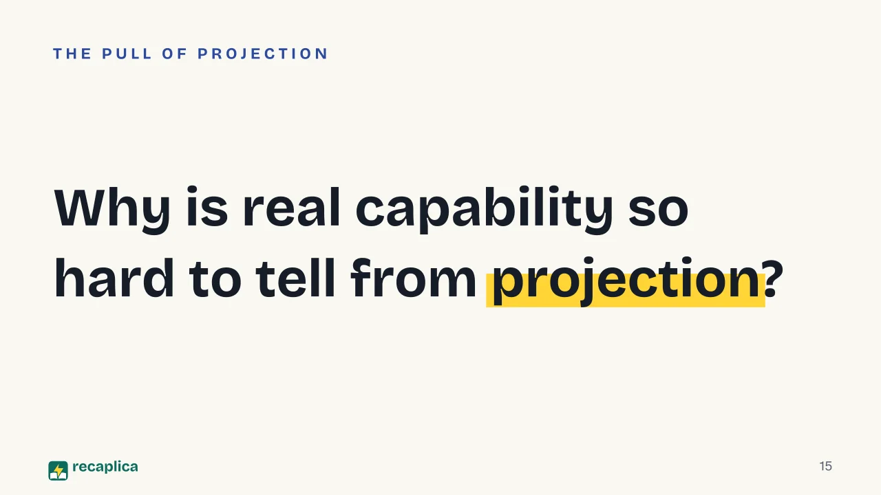 Slide 15 of the presentation on Human Cognition vs. AI: Why is real capability so hard to tell from projection?