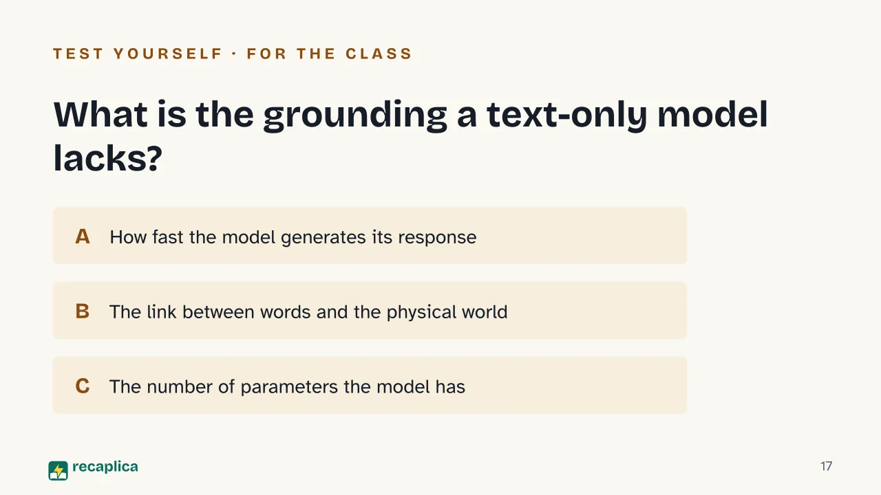 Slide 17 of the presentation on Human Cognition vs. AI: What is the grounding a text-only model lacks?