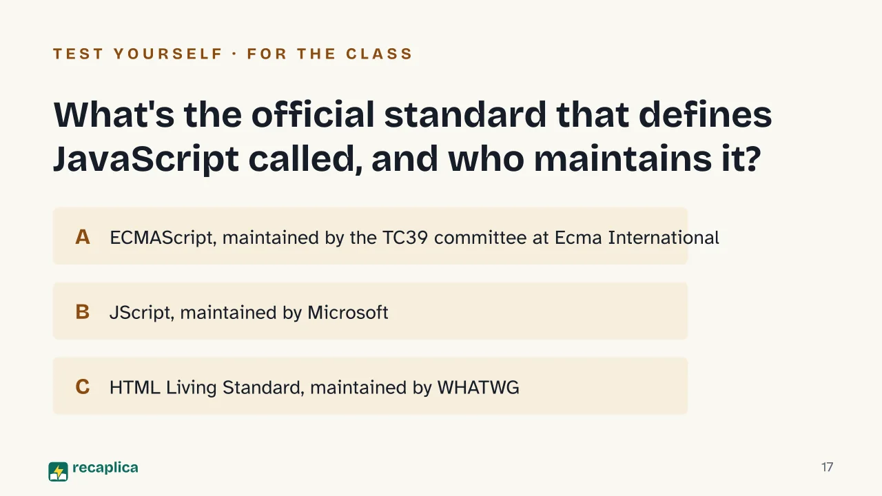 Slide 17 of the presentation on What is JavaScript? The language that outgrew the browser: What's the official standard that defines JavaScript called, and who maintains it?