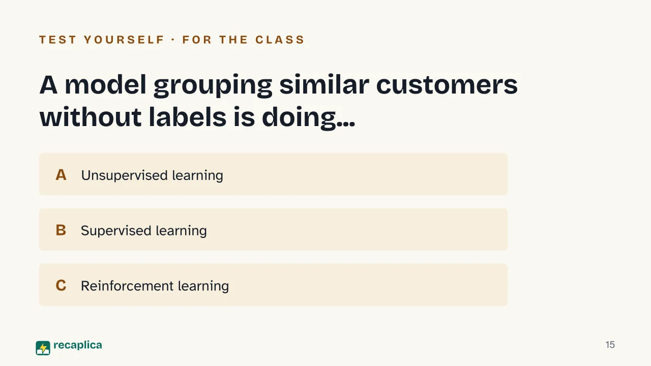 Slide 15 of the presentation on Machine learning: A model grouping similar customers without labels is doing...