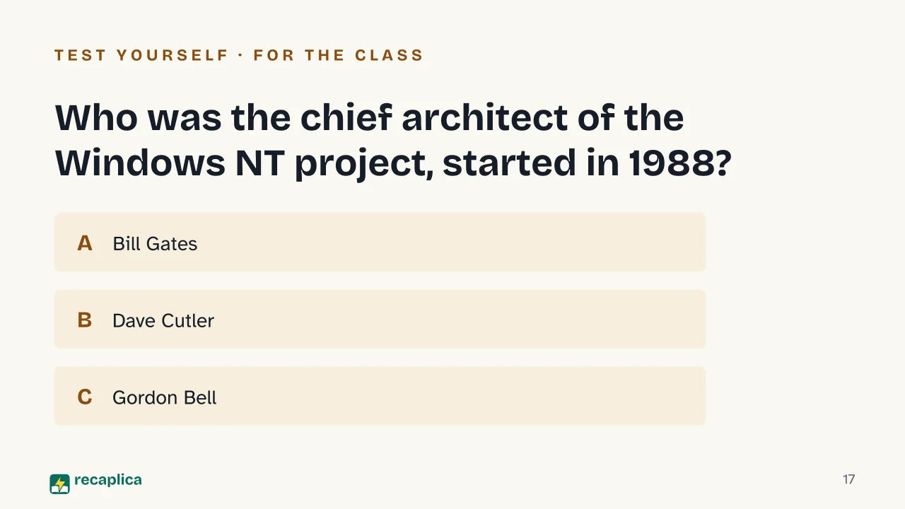 Slide 17 of the presentation on History of Microsoft Windows: Who was the chief architect of the Windows NT project, started in 1988?