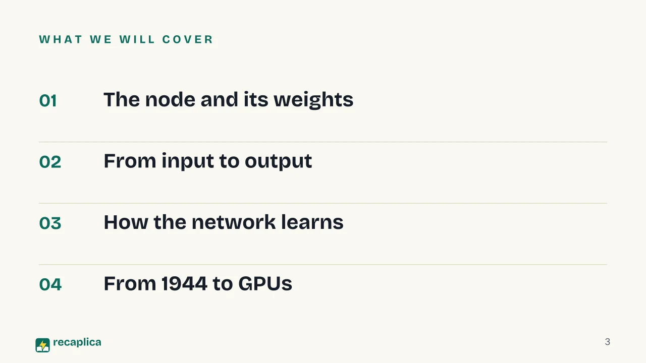 Slide 3 of the presentation on Neural networks: What we will cover