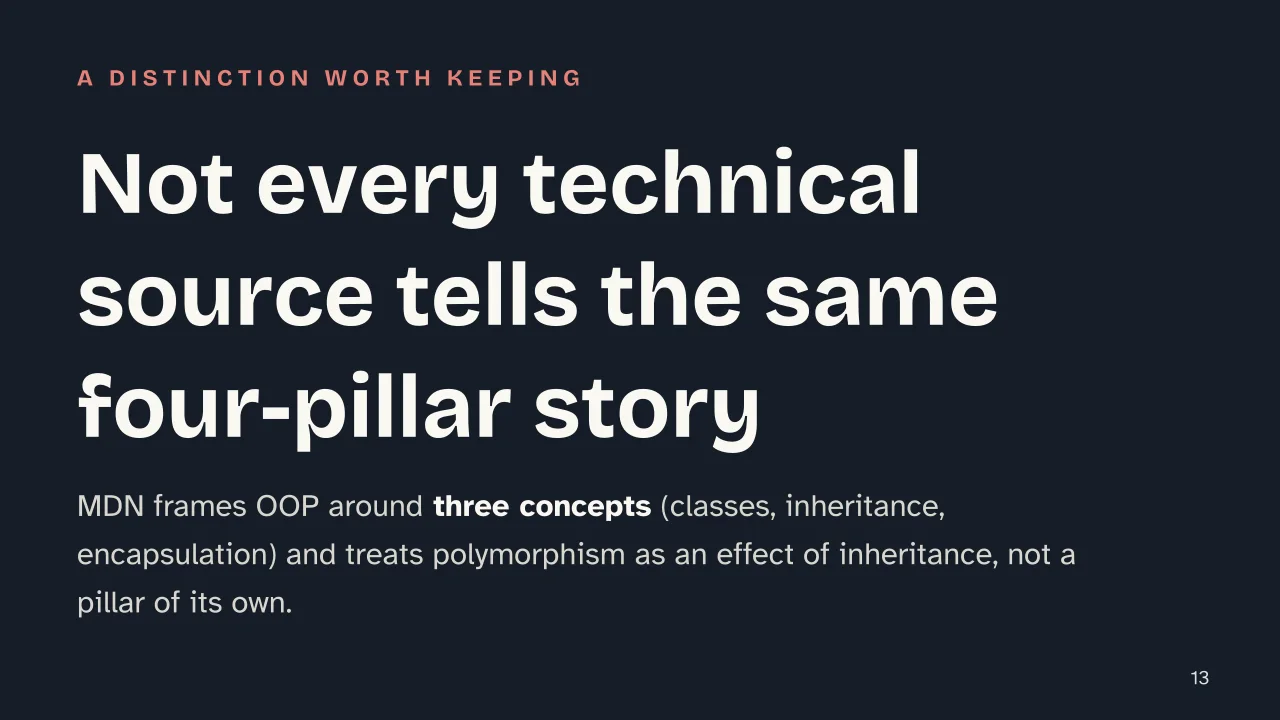 Slide 13 of the presentation on OOP: Not every technical source tells the same four-pillar story