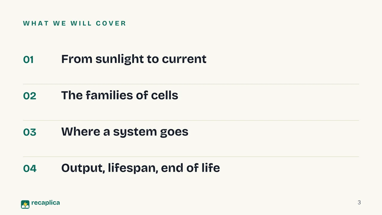 Slide 3 of the presentation on Solar panel systems: What we will cover