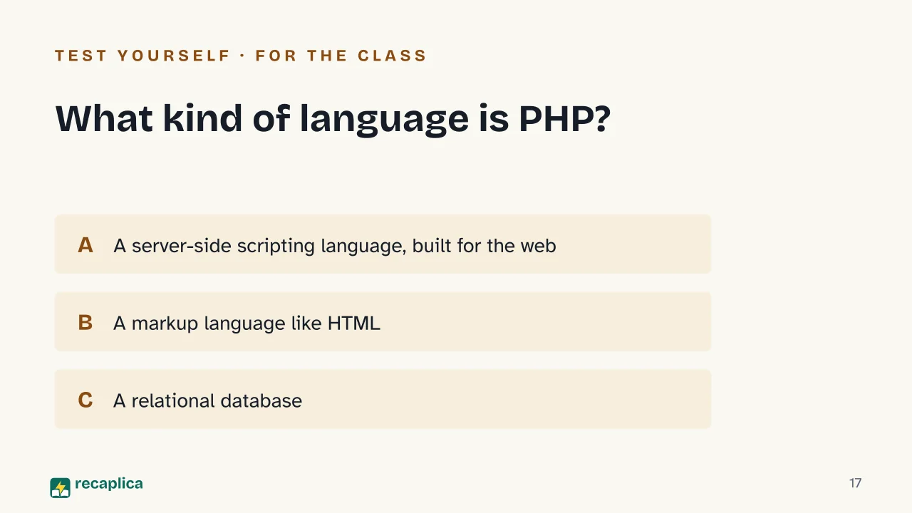 Slide 17 of the presentation on What is PHP? The programming language running the web: What kind of language is PHP?