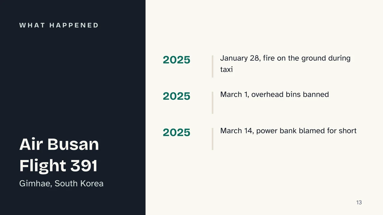 Slide 13 of the presentation on Power bank on a plane: What happened
