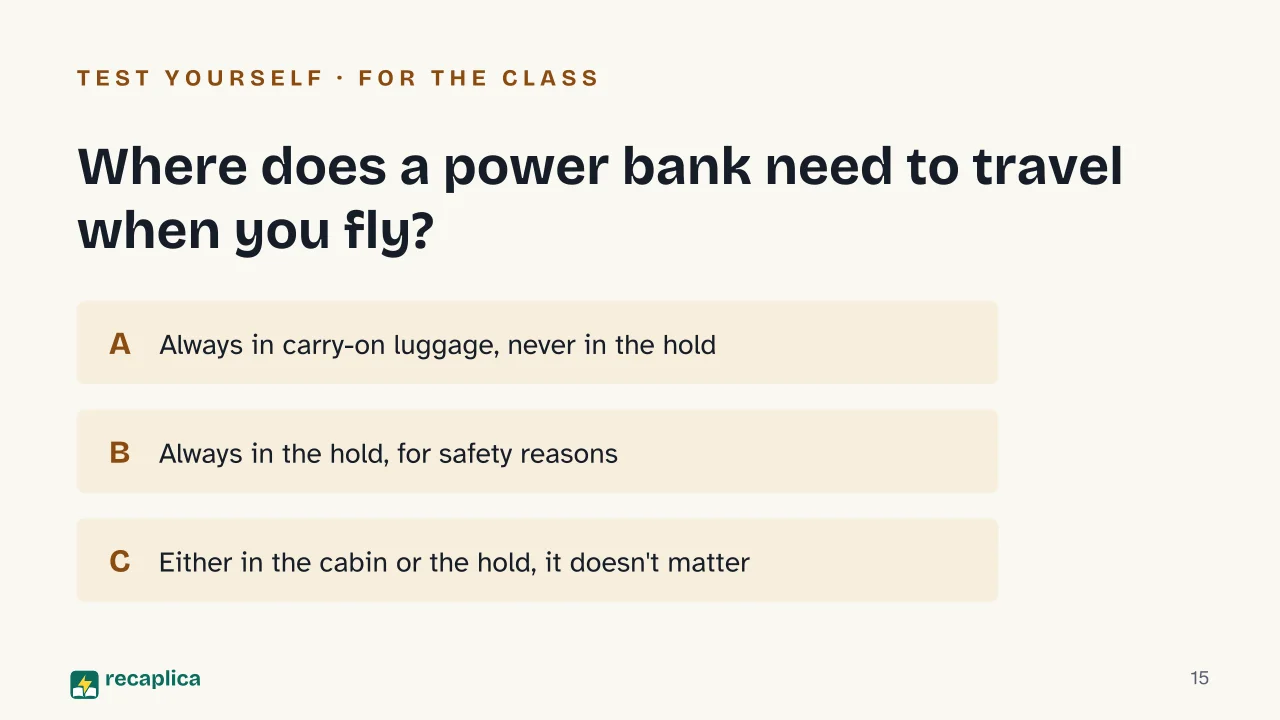 Slide 15 of the presentation on Power bank on a plane: Where does a power bank need to travel when you fly?