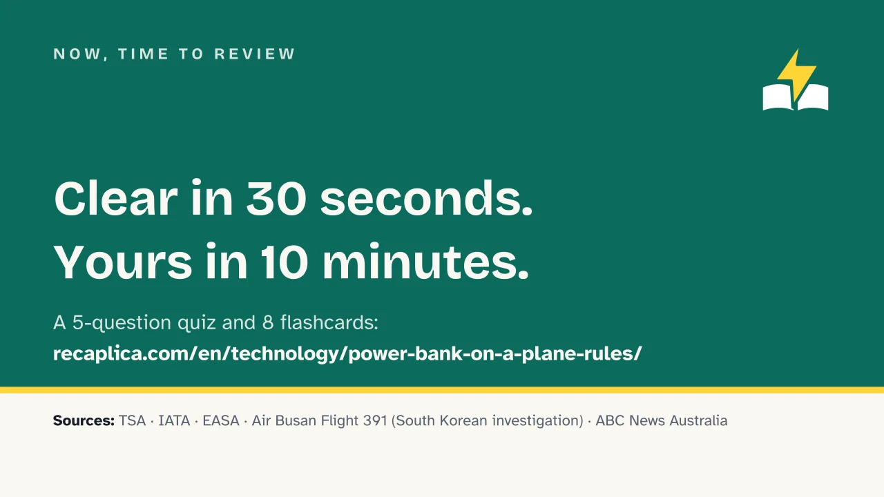 Slide 16 of the presentation on Power bank on a plane: Now, time to review