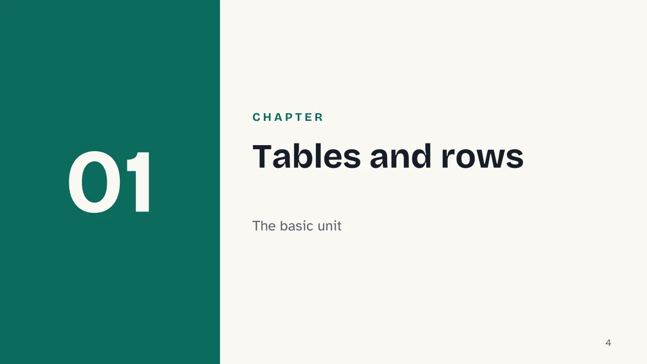 Slide 4 of the presentation on Relational Database: Chapter 01: Tables and rows