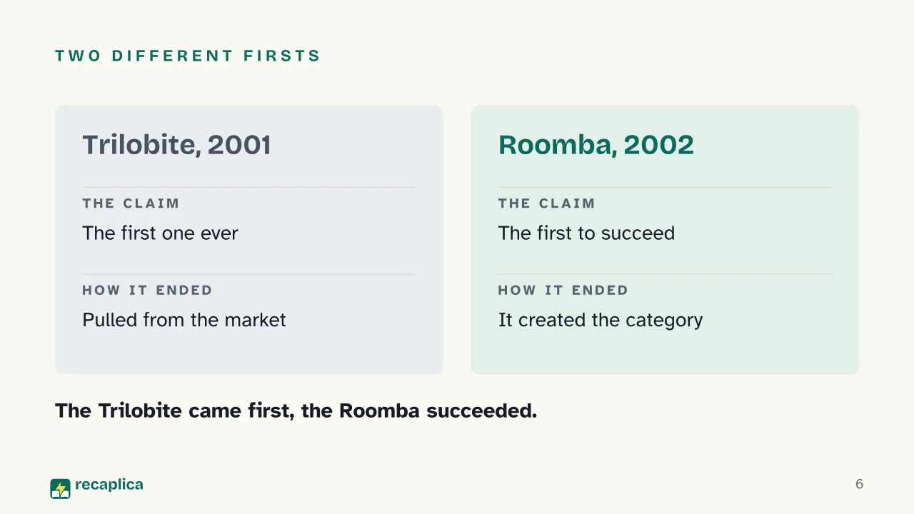 Slide 6 of the presentation on Robot vacuum cleaners: Two different firsts