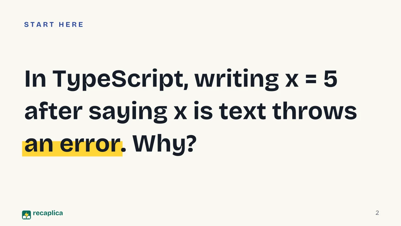Slide 2 of the presentation on What Is TypeScript? Inside Microsoft's Typed Superset of JavaScript: In TypeScript, writing x = 5 after saying x is text throws an error. Why?