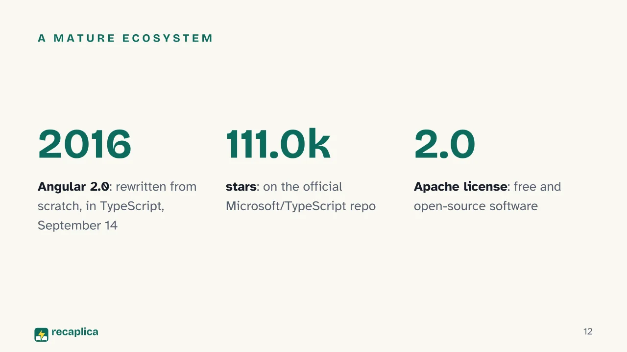 Slide 12 of the presentation on What Is TypeScript? Inside Microsoft's Typed Superset of JavaScript: A mature ecosystem