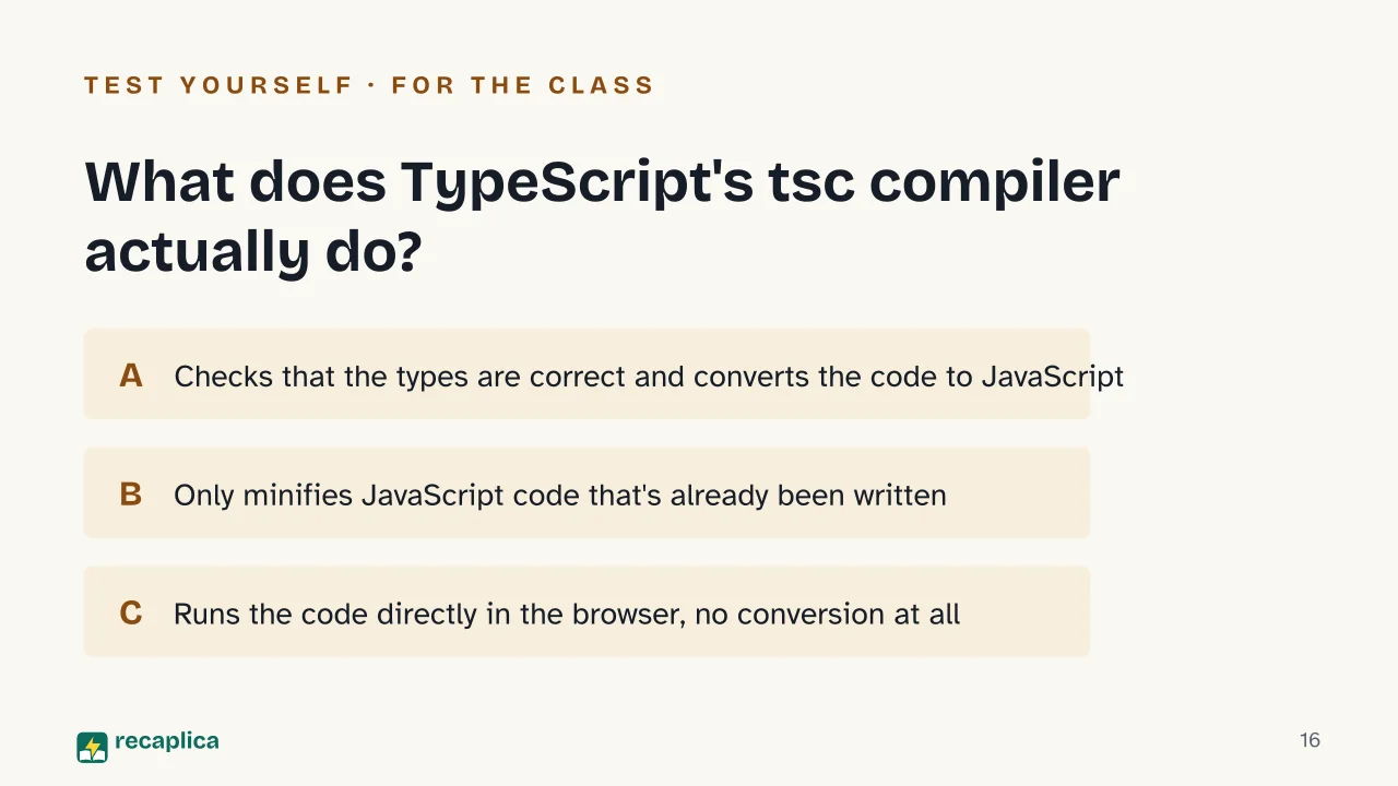 Slide 16 of the presentation on What Is TypeScript? Inside Microsoft's Typed Superset of JavaScript: What does TypeScript's tsc compiler actually do?