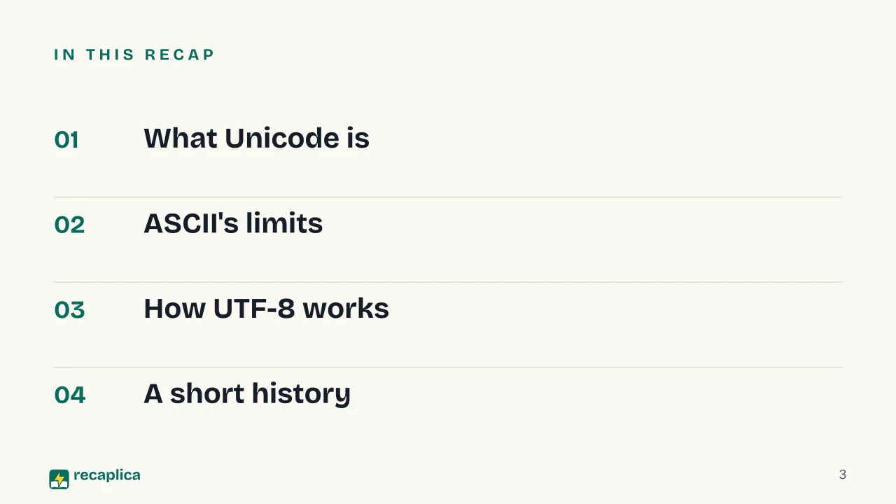 Slide 3 of the presentation on Unicode: In this Recap