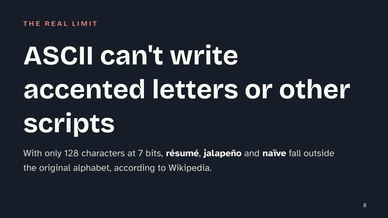 Slide 8 of the presentation on Unicode: ASCII can't write accented letters or other scripts
