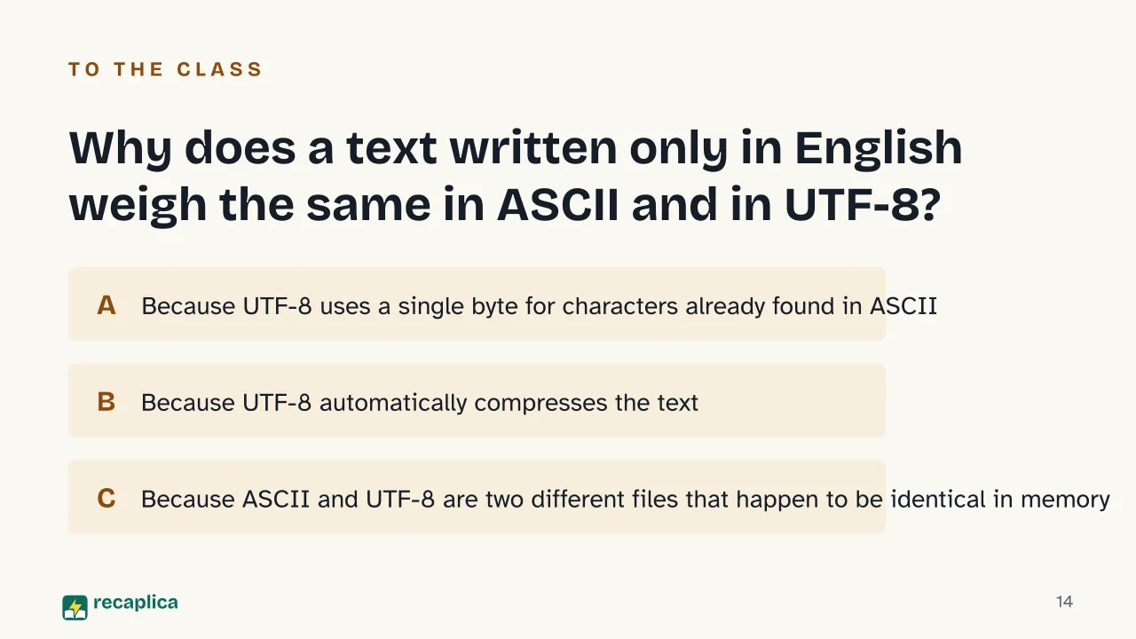 Slide 14 of the presentation on Unicode: Why does a text written only in English weigh the same in ASCII and in UTF-8?