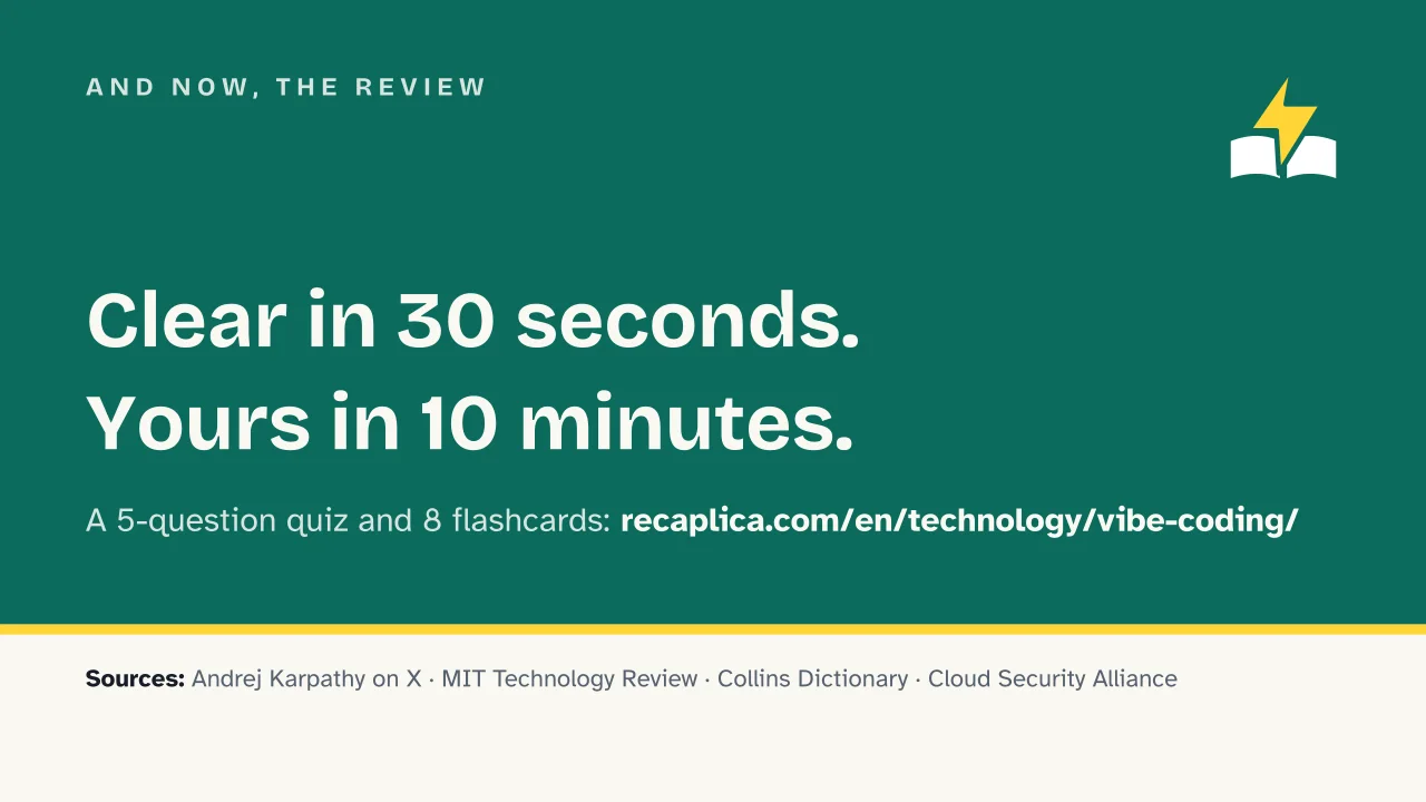 Slide 18 of the presentation on What is vibe coding? Meaning, origin and security risks: And now, the review
