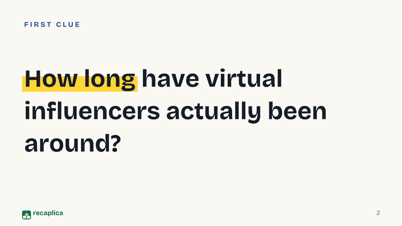 Slide 2 of the presentation on Virtual influencers: How long have virtual influencers actually been around?