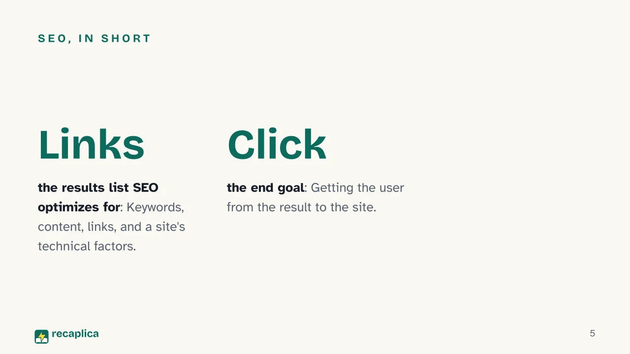 Slide 5 of the presentation on SEO, AEO and GEO: SEO, in Short